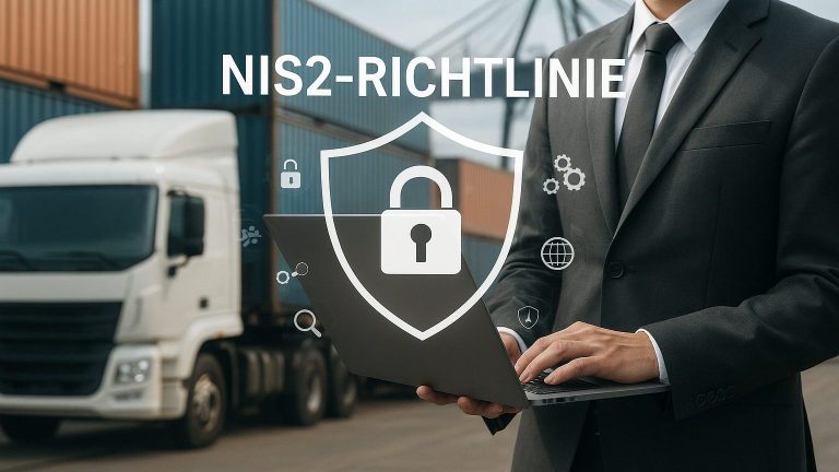 Ein Mann mit einem Laptop steht vor einem LKW