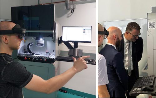 Menschen vor einer Laserbeschriftungsanlage. Sie tragen zum Teil VR-Brillen.