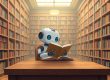Ein Roboter sitzt in einer Bibliothek und liest