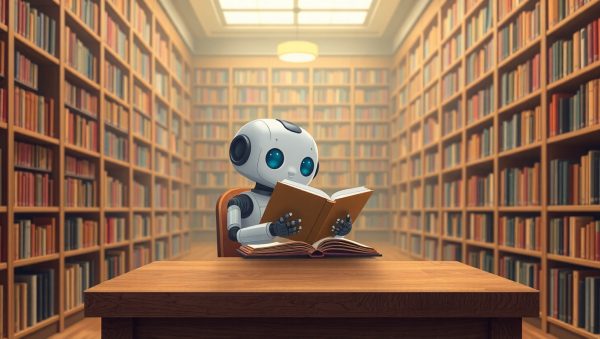 KI beim recherchieren Ein Roboter sitzt in einer Bibliothek und liest