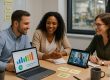 Drei Personen in Business-Casual-Kleidung sitzen in einem modernen Konferenzraum an einem kleinen Tisch, diskutieren und lächeln. Auf dem Tisch stehen ein Laptop mit farbigem Balkendiagramm, ein Tablet mit einer Videokonferenz, Notizblöcke, Haftnotizen mit den Wörtern „Innovation“, „Team“ und „Skills 2025“, sowie Kaffeetassen und ein Glas Wasser. Durch das Fenster ist unscharf eine Produktionshalle zu sehen.