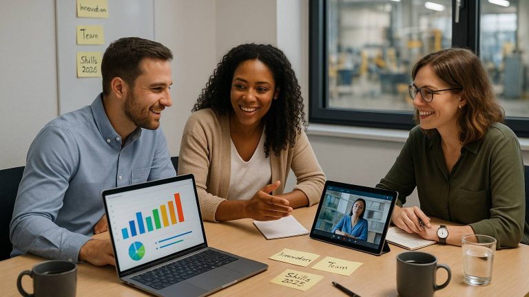Drei Personen in Business-Casual-Kleidung sitzen in einem modernen Konferenzraum an einem kleinen Tisch, diskutieren und lächeln. Auf dem Tisch stehen ein Laptop mit farbigem Balkendiagramm, ein Tablet mit einer Videokonferenz, Notizblöcke, Haftnotizen mit den Wörtern „Innovation“, „Team“ und „Skills 2025“, sowie Kaffeetassen und ein Glas Wasser. Durch das Fenster ist unscharf eine Produktionshalle zu sehen.