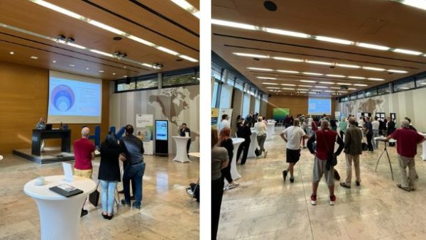 Netzwerkveranstaltung Zwei Bilder: Beide zeigen Menschen in einem Saal mit Messeständen