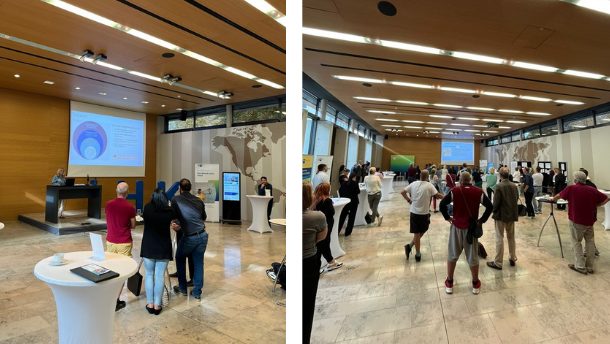 Zwei Bilder: Beide zeigen Menschen in einem Saal mit Messeständen