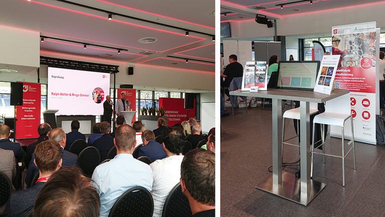 Zwei Bilder: Links Redner vor einem Publikum | Rechts der Stand der Modellfabrik Virtualisierung