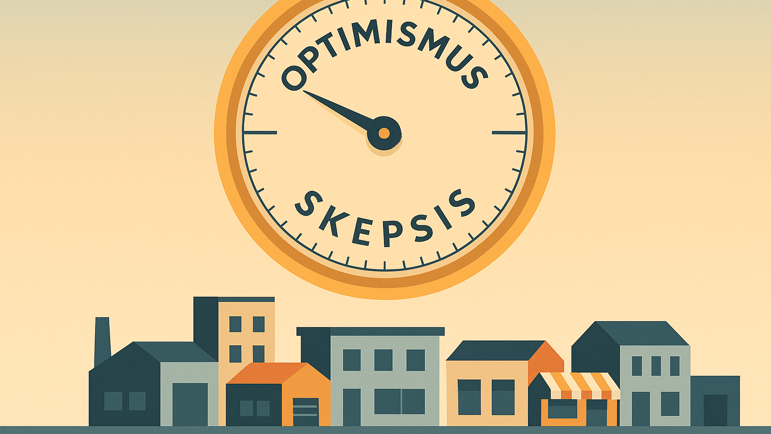 Ein großes, klassisches Rund-Barometer am Himmel. Der Zeiger bewegt sich zwischen den Beschriftungen ‚Optimismus‘ und ‚Skepsis‘. Darunter eine stilisierte Skyline aus kleinen Werkstätten, Büros und Läden. Klare Linien, dezente Farben, Flat-Design im seriösen Infografik-Stil