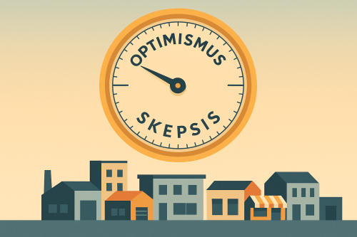 Ein großes, klassisches Rund-Barometer am Himmel. Der Zeiger bewegt sich zwischen den Beschriftungen ‚Optimismus‘ und ‚Skepsis‘. Darunter eine stilisierte Skyline aus kleinen Werkstätten, Büros und Läden. Klare Linien, dezente Farben, Flat-Design im seriösen Infografik-Stil