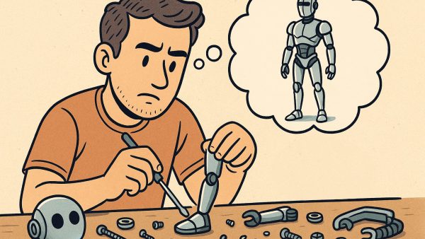 Mensch baut Roboter Ein Mann sitzt an einem Tisch und schraubt einen Fuß an ein Roboterbein. Auf der Werkbank liegen weitere Einzelteile und Werkzeuge verstreut. Über seinem Kopf zeigt eine Denkblase einen modernen, eleganten, fertigen Roboter.