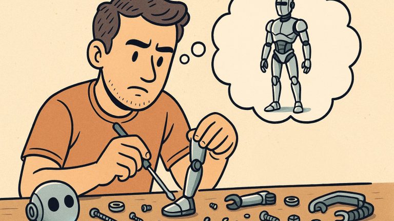 Mensch baut Roboter Ein Mann sitzt an einem Tisch und schraubt einen Fuß an ein Roboterbein. Auf der Werkbank liegen weitere Einzelteile und Werkzeuge verstreut. Über seinem Kopf zeigt eine Denkblase einen modernen, eleganten, fertigen Roboter.