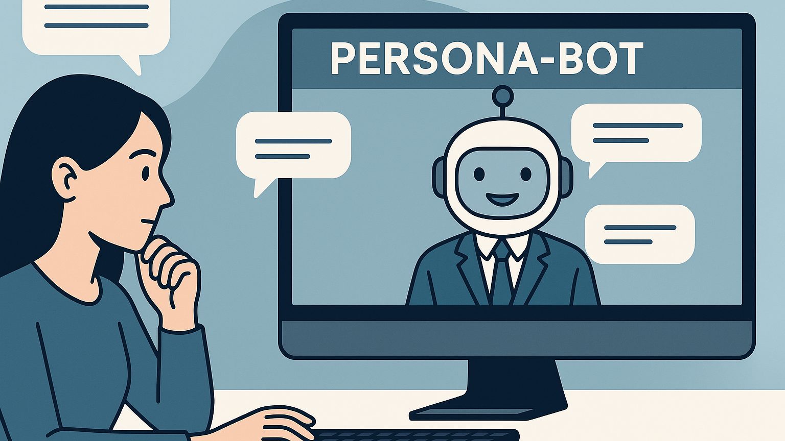 Gespräch mit einem digitalen Persona-Bot Eine Frau sitzt an einem Schreibtisch und kommuniziert über ihren Computer mit einem freundlich lächelnden Chatbot, der auf dem Bildschirm als „PERSONA-BOT“ angezeigt wird. Um beide herum sind Sprechblasen zu sehen, die den Dialog andeuten. Die Illustration ist im flachen, minimalistischen Stil mit blauen Farbtönen gestaltet.