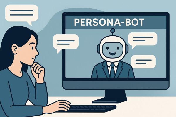 Gespräch mit einem digitalen Persona-Bot Eine Frau sitzt an einem Schreibtisch und kommuniziert über ihren Computer mit einem freundlich lächelnden Chatbot, der auf dem Bildschirm als „PERSONA-BOT“ angezeigt wird. Um beide herum sind Sprechblasen zu sehen, die den Dialog andeuten. Die Illustration ist im flachen, minimalistischen Stil mit blauen Farbtönen gestaltet.