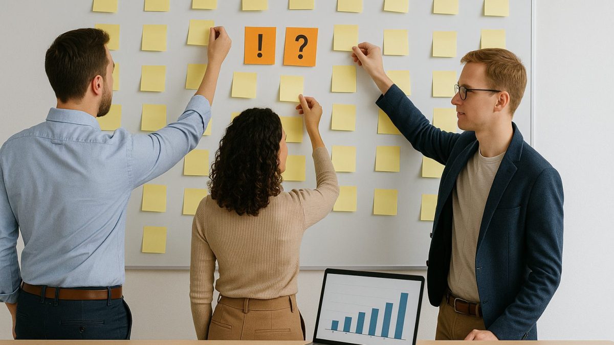 Teamwork am Whiteboard Drei Personen in Business-Casual-Kleidung befestigen gelbe Klebezettel an einem Whiteboard, auf dem auch zwei orange Zettel mit Ausrufe- und Fragezeichen hängen. Auf dem Tisch davor liegen ein Laptop mit Balkendiagramm und weitere Notizzettel.