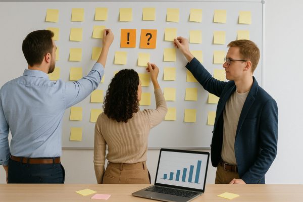Teamwork am Whiteboard Drei Personen in Business-Casual-Kleidung befestigen gelbe Klebezettel an einem Whiteboard, auf dem auch zwei orange Zettel mit Ausrufe- und Fragezeichen hängen. Auf dem Tisch davor liegen ein Laptop mit Balkendiagramm und weitere Notizzettel.