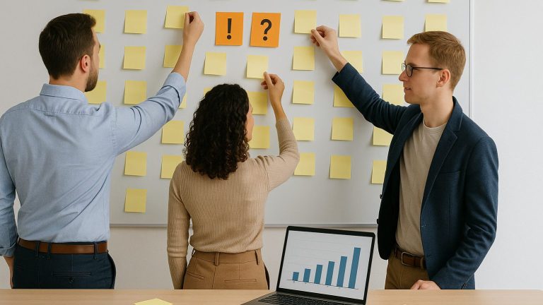 Teamwork am Whiteboard Drei Personen in Business-Casual-Kleidung befestigen gelbe Klebezettel an einem Whiteboard, auf dem auch zwei orange Zettel mit Ausrufe- und Fragezeichen hängen. Auf dem Tisch davor liegen ein Laptop mit Balkendiagramm und weitere Notizzettel.