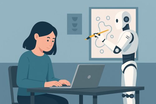 Illustration einer Frau, die an einem Laptop arbeitet, während ein humanoider Roboter neben ihr steht und mit einem Stift auf ein Diagramm an der Wand zeigt. Beide wirken konzentriert, die Szene symbolisiert die Zusammenarbeit von Mensch und KI.