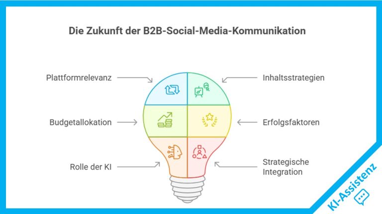 Grafik in Form einer stilisierten Glühbirne mit sechs Themenfeldern zur Zukunft der B2B-Social-Media-Kommunikation. Die Glühbirne ist in farbige Segmente unterteilt, die jeweils ein Symbol enthalten