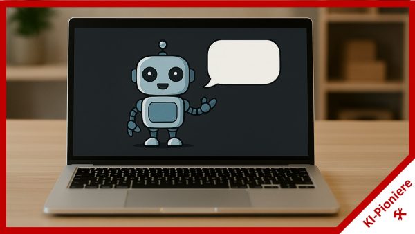 Ein Laptop auf dessen Bildschirm ein Chatbot zu sehen ist in Form eines kleinen Roboters und mit Sprechblase