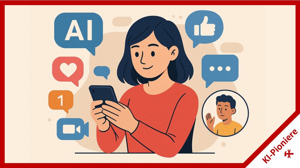 Illustration einer Person mit Smartphone, umgeben von Social-Media-Symbolen wie Herz, Daumen hoch, Chatblasen und einem großen AI-Icon, das den Einsatz künstlicher Intelligenz in der digitalen Kommunikation darstellt.