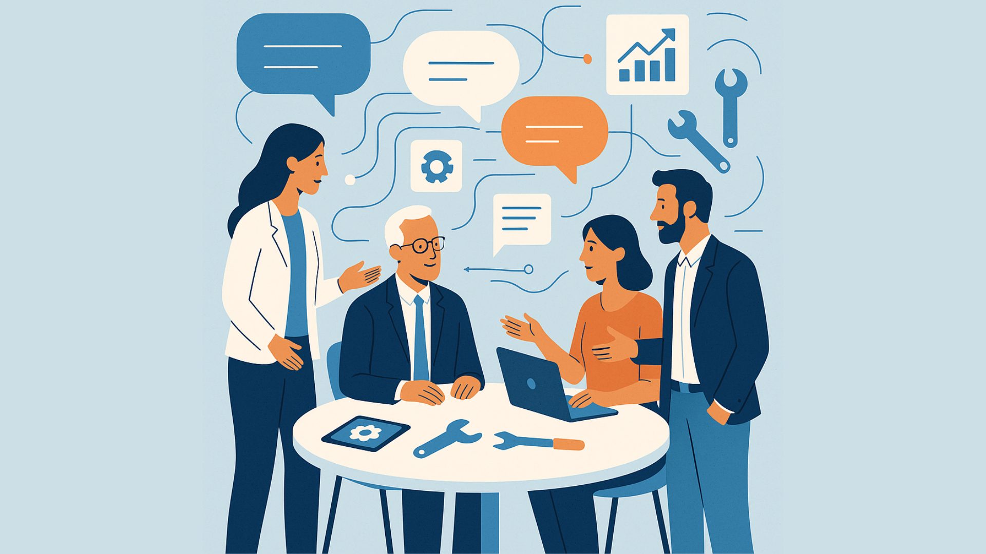 Transformation gelingt im Dialog Illustration von vier Personen in einem professionellen Umfeld, die an einem Tisch im aktiven Austausch stehen und sitzen. Zwischen ihnen schweben abstrakte Symbole für Kommunikation, Zusammenarbeit und digitale Werkzeuge, die den Prozess von Transformation und gemeinsamem Handeln visualisieren.