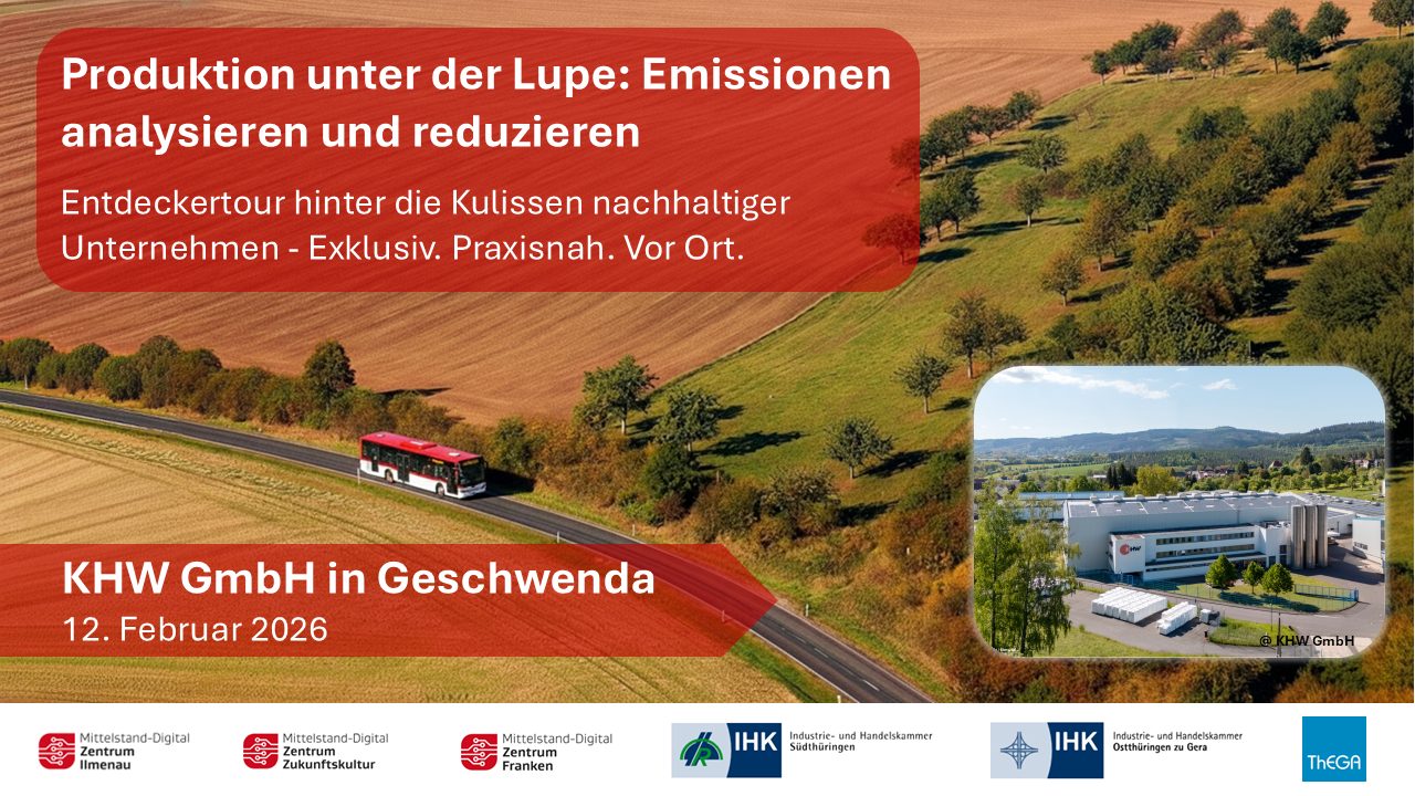 Das Bild zeigt eine Landschaft mit Wiesen, Bäumen und einer Straße, auf der ein Bus fährt. Dies soll symbolisieren, dass es sich bei der Veranstaltung um eine Reihe handelt. Textfelder enthalten den Titel der Veranstaltung sowie das Datum und den Ort. Am unteren Bildrand sind die Logos der beteiligten Partner zu sehen. Ein weiteres Foto zeigt das Firmengebäude der KHW GmbH, wo die Veranstaltung stattfindet.