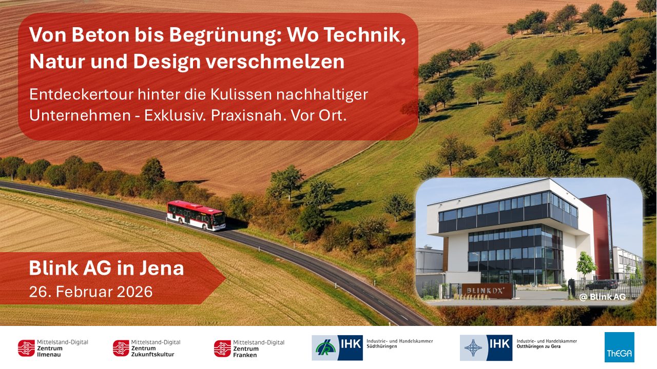 Das Bild zeigt eine Landschaft mit Wiesen, Bäumen und einer Straße, auf der ein Bus fährt. Dies soll symbolisieren, dass es sich bei der Veranstaltung um eine Reihe handelt. Textfelder enthalten den Titel der Veranstaltung sowie das Datum und den Ort. Am unteren Bildrand sind die Logos der beteiligten Partner zu sehen. Ein weiteres Foto zeigt das Firmengebäude der Blink AG, wo die Veranstaltung stattfindet.