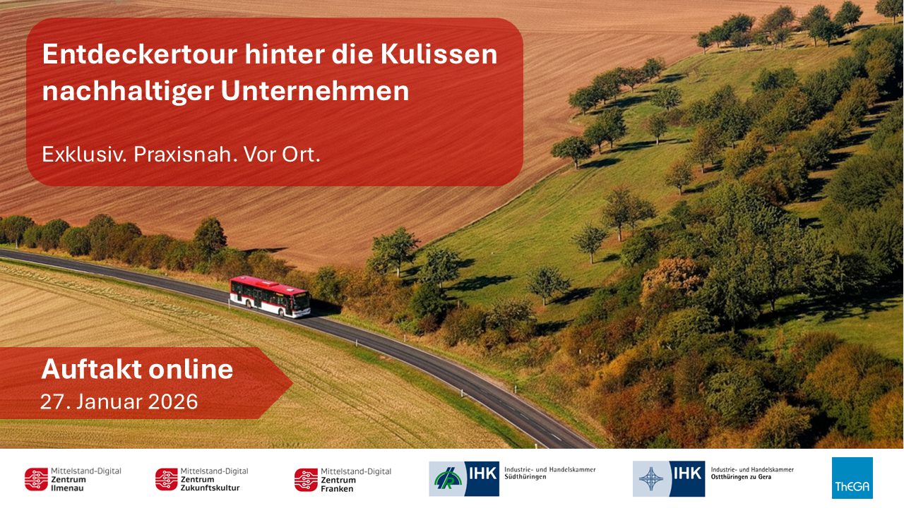 Das Bild zeigt eine Landschaft mit Wiesen, Bäumen und einer Straße, auf der ein Bus fährt. Dies soll symbolisieren, dass es sich bei der Veranstaltung um eine Reihe handelt. Textfelder enthalten den Titel der Veranstaltung sowie das Datum. Am unteren Bildrand sind die Logos der beteiligten Partner zu sehen.
