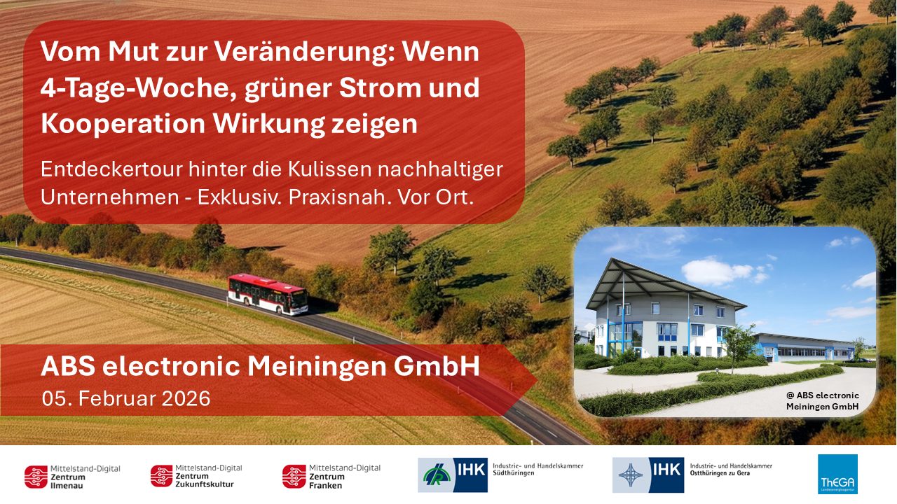 Das Bild zeigt eine Landschaft mit Wiesen, Bäumen und einer Straße, auf der ein Bus fährt. Dies soll symbolisieren, dass es sich bei der Veranstaltung um eine Reihe handelt. Textfelder enthalten den Titel der Veranstaltung sowie das Datum und den Ort. Am unteren Bildrand sind die Logos der beteiligten Partner zu sehen. Ein weiteres Foto zeigt das Firmengebäude der ABS electronic Meiningen GmbH, wo die Veranstaltung stattfindet.
