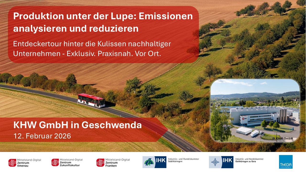 Das Bild zeigt eine Landschaft mit Wiesen, Bäumen und einer Straße, auf der ein Bus fährt. Dies soll symbolisieren, dass es sich bei der Veranstaltung um eine Reihe handelt. Textfelder enthalten den Titel der Veranstaltung sowie das Datum und den Ort. Am unteren Bildrand sind die Logos der beteiligten Partner zu sehen. Ein weiteres Foto zeigt das Firmengebäude der KHW Kunststoff- und Holzverarbeitungswerk GmbH, wo die Veranstaltung stattfindet.