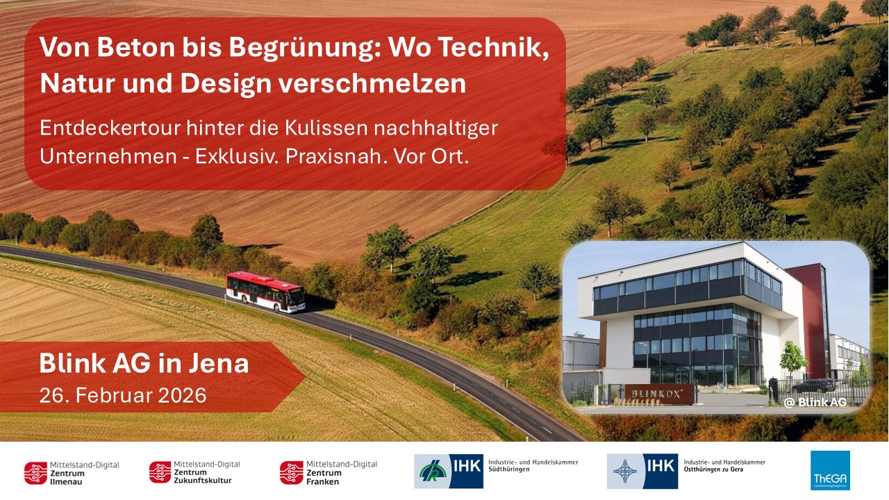 Das Bild zeigt eine Landschaft mit Wiesen, Bäumen und einer Straße, auf der ein Bus fährt. Dies soll symbolisieren, dass es sich bei der Veranstaltung um eine Reihe handelt. Textfelder enthalten den Titel der Veranstaltung sowie das Datum und den Ort. Am unteren Bildrand sind die Logos der beteiligten Partner zu sehen. Ein weiteres Foto zeigt das Firmengebäude der Blink AG, wo die Veranstaltung stattfindet.