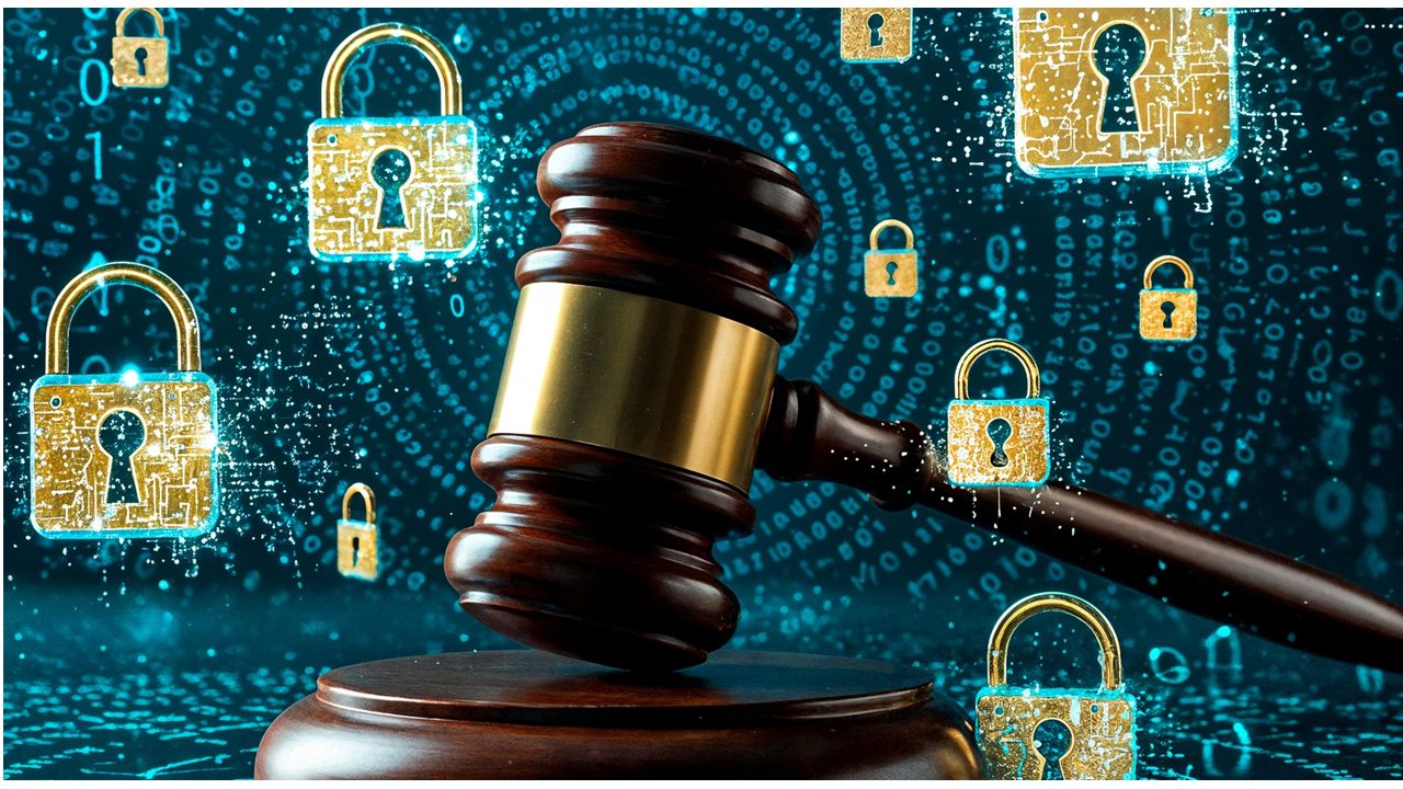 Richterhammer vor digitalem Hintergrund mit goldenen Vorhängeschlössern – Symbol für Cybersicherheit und Recht.