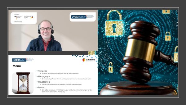 Eine Person mit Headset. Daneben ein Bild mit einem Richterhammer und Schlössern