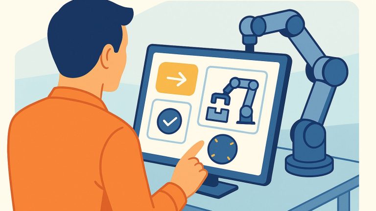 Menschzentrierte Automatisierung Grafische Darstellung einer Person mit einem Display im HIntergrund ein Roboterarm