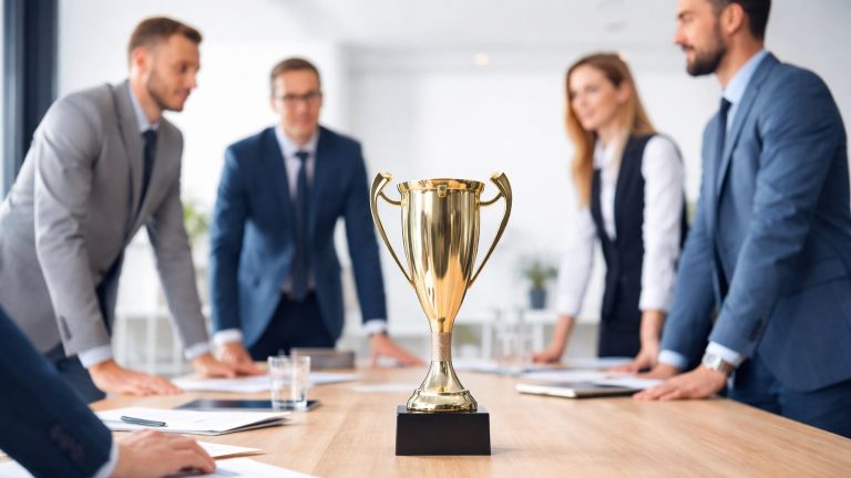 Ein goldener Pokal steht aufrecht und mittig auf einem hellen Konferenztisch in einem Büro. Im Hintergrund stehen mehrere Geschäftspersonen in Anzügen um den Tisch herum und beugen sich leicht nach vorn, als würden sie diskutieren. Der Raum ist hell ausgeleuchtet und wirkt wie ein professionelles Arbeitsumfeld.