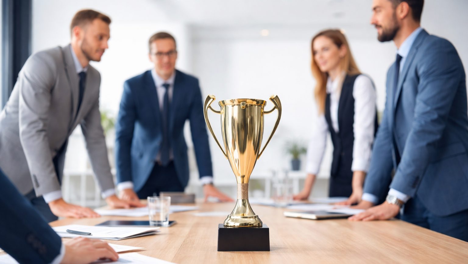 Ein goldener Pokal steht aufrecht und mittig auf einem hellen Konferenztisch in einem Büro. Im Hintergrund stehen mehrere Geschäftspersonen in Anzügen um den Tisch herum und beugen sich leicht nach vorn, als würden sie diskutieren. Der Raum ist hell ausgeleuchtet und wirkt wie ein professionelles Arbeitsumfeld.
