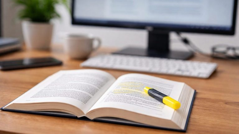 Ein aufgeschlagenes Buch liegt auf einem Holzschreibtisch. Auf der rechten Seite ist ein gelber Textmarker platziert, mit dem mehrere Textstellen markiert wurden, ohne dass der Inhalt lesbar ist. Im unscharfen Hintergrund befinden sich ein Computerbildschirm, eine Tastatur, eine Pflanze und eine Tasse, was eine ruhige Arbeitsplatzatmosphäre vermittelt.