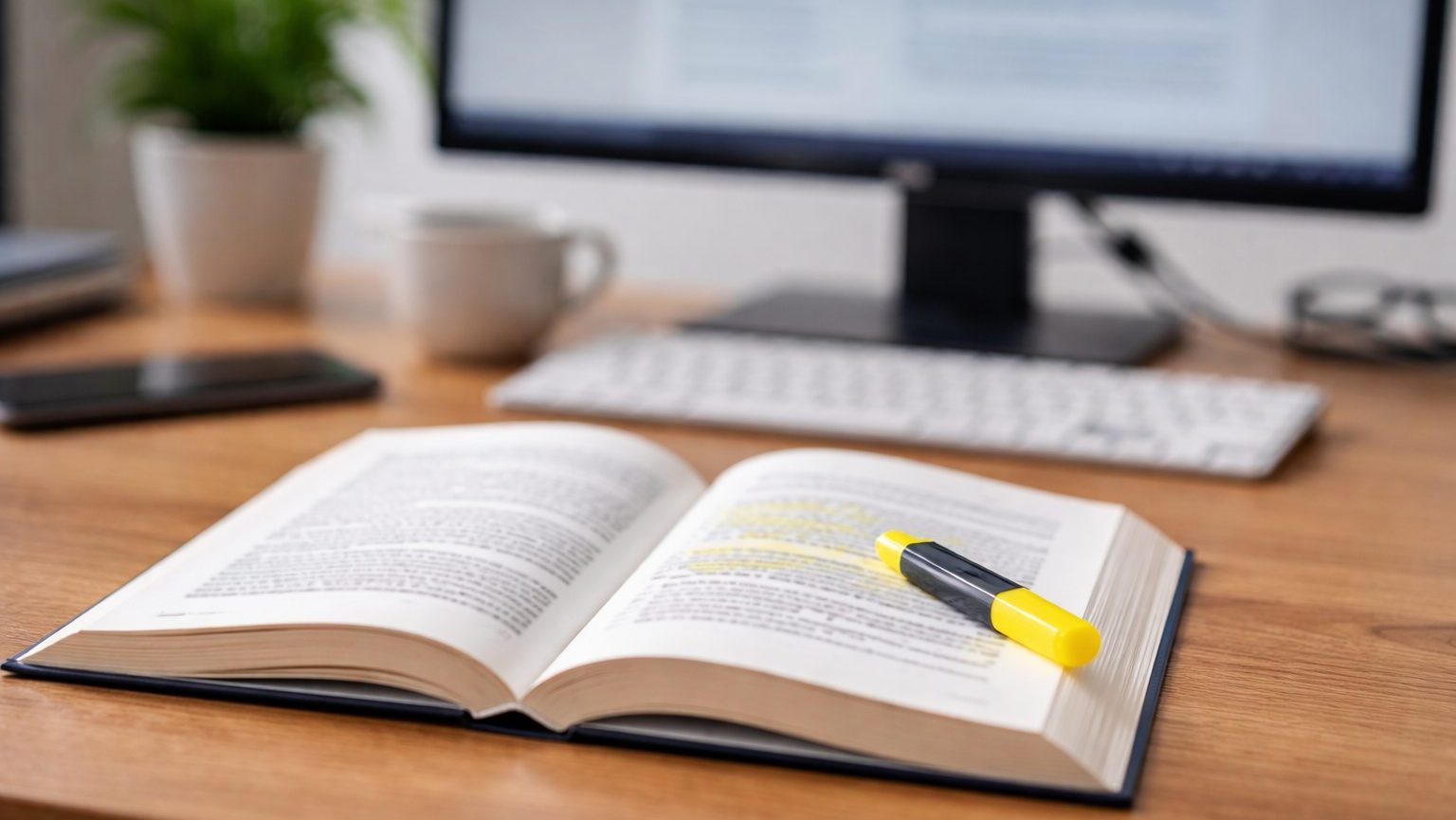 Learning in Loops Ein aufgeschlagenes Buch liegt auf einem Holzschreibtisch. Auf der rechten Seite ist ein gelber Textmarker platziert, mit dem mehrere Textstellen markiert wurden, ohne dass der Inhalt lesbar ist. Im unscharfen Hintergrund befinden sich ein Computerbildschirm, eine Tastatur, eine Pflanze und eine Tasse, was eine ruhige Arbeitsplatzatmosphäre vermittelt.