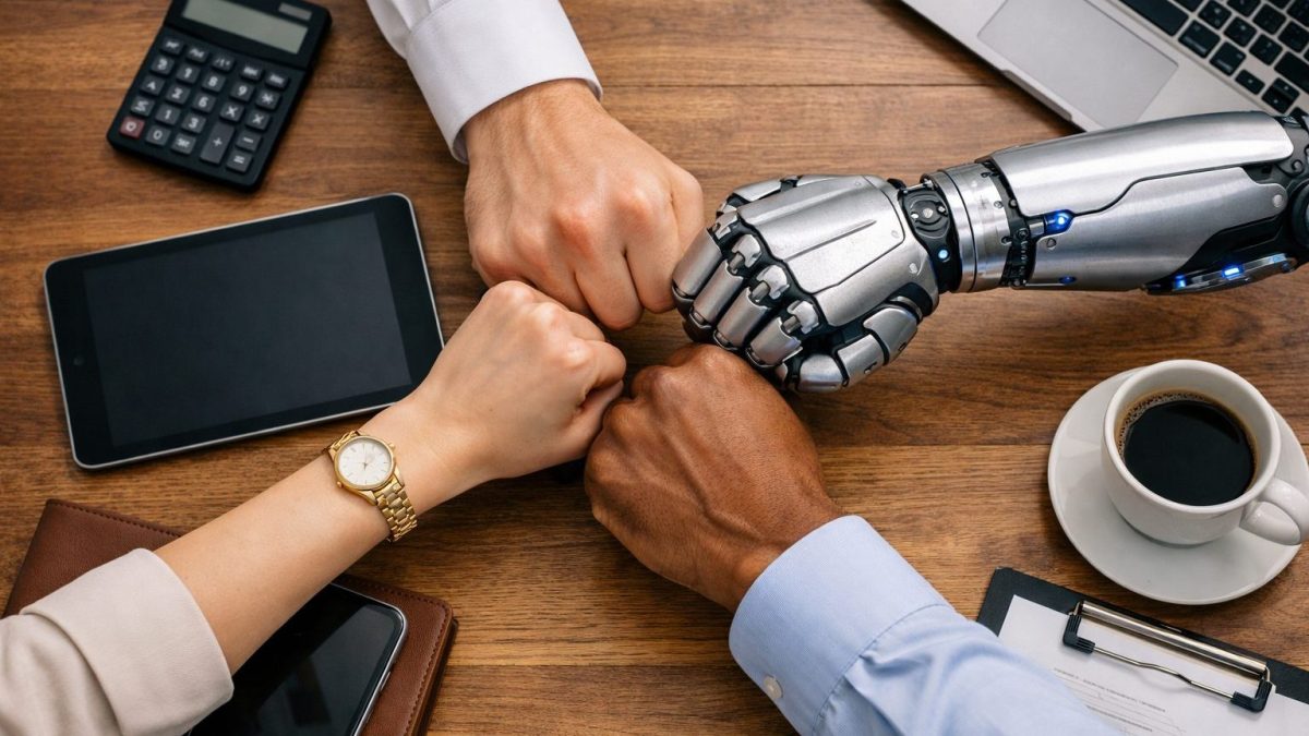 Top-Down-Ansicht eines modernen Holzschreibtisches im Business-Umfeld: Vier Fäuste treffen sich in einer Team-Geste in der Mitte – drei menschliche Hände in Business-Kleidung und ein futuristischer silberner Roboterarm mit blauen LED-Elementen. Auf dem Tisch liegen Laptop, Tablet, Smartphone auf einem Notizbuch, Taschenrechner, Dokumente, Clipboard und eine Kaffeetasse. Symbolbild für Wissensmanagement mit Künstlicher Intelligenz und Zusammenarbeit zwischen Mensch und Technologie.