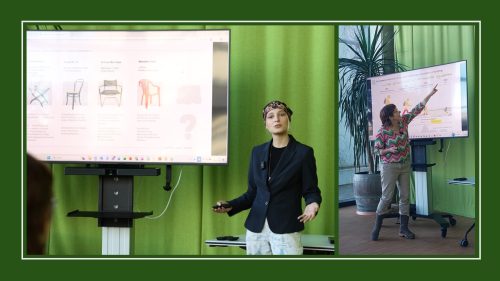 Collage aus zwei Fotos: Links steht eine Referentin vor einem großen Bildschirm mit einer Präsentationsfolie zu Möbel- und Produktbeispielen und erklärt den Inhalt. Rechts zeigt eine weitere Referentin auf eine Grafik zur CO₂-Emission von Gebäuden auf einem Bildschirm. Beide präsentieren vor grünen Vorhängen in einem Veranstaltungsraum.