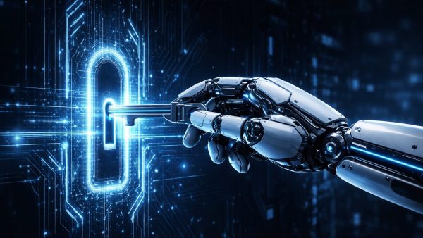 Eine weiß-silberne Roboterhand steckt einen Schlüssel in ein hellblau leuchtendes, digitales Türschloss aus Lichtlinien vor einem dunklen, futuristischen Hintergrund mit Schaltkreis-Strukturen.