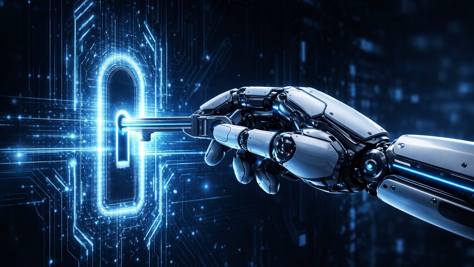 Eine weiß-silberne Roboterhand steckt einen Schlüssel in ein hellblau leuchtendes, digitales Türschloss aus Lichtlinien vor einem dunklen, futuristischen Hintergrund mit Schaltkreis-Strukturen.
