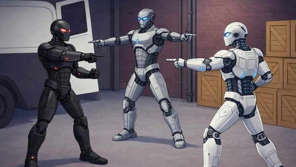 KI-Bild zum Thema KI mit KI generieren Animierte 16:9-Illustration im Stil des bekannten Zeige-Meme-Motivs: Drei humanoide Roboter stehen in einer Lagerhalle und zeigen gleichzeitig mit ausgestreckten Armen aufeinander. Links steht ein schwarzer Roboter mit roten Leuchtelementen, in der Mitte ein grauer Roboter mit blauen Augen, rechts ein weißer Roboter mit blauen Lichtakzenten. Im Hintergrund sind ein Lieferwagen, gestapelte Holzkisten und Wände aus Backstein zu sehen.