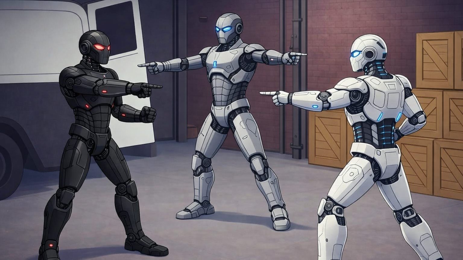 Animierte 16:9-Illustration im Stil des bekannten Zeige-Meme-Motivs: Drei humanoide Roboter stehen in einer Lagerhalle und zeigen gleichzeitig mit ausgestreckten Armen aufeinander. Links steht ein schwarzer Roboter mit roten Leuchtelementen, in der Mitte ein grauer Roboter mit blauen Augen, rechts ein weißer Roboter mit blauen Lichtakzenten. Im Hintergrund sind ein Lieferwagen, gestapelte Holzkisten und Wände aus Backstein zu sehen.