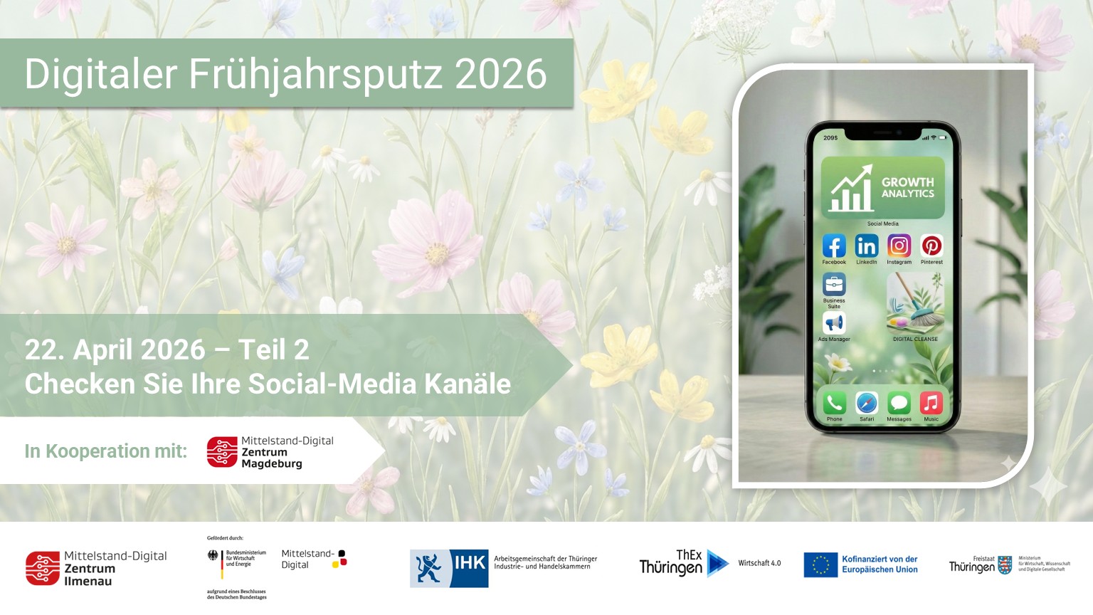 Grafik zum „Digitalen Frühjahrsputz 2026“ am 22. April 2026 zum Thema Social Media, mit Smartphone und Social-Media-Apps sowie Partner- und Förderlogos.