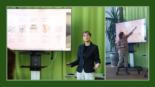 Collage aus zwei Fotos: Links steht eine Referentin vor einem großen Bildschirm mit einer Präsentationsfolie zu Möbel- und Produktbeispielen und erklärt den Inhalt. Rechts zeigt eine weitere Referentin auf eine Grafik zur CO₂-Emission von Gebäuden auf einem Bildschirm. Beide präsentieren vor grünen Vorhängen in einem Veranstaltungsraum.
