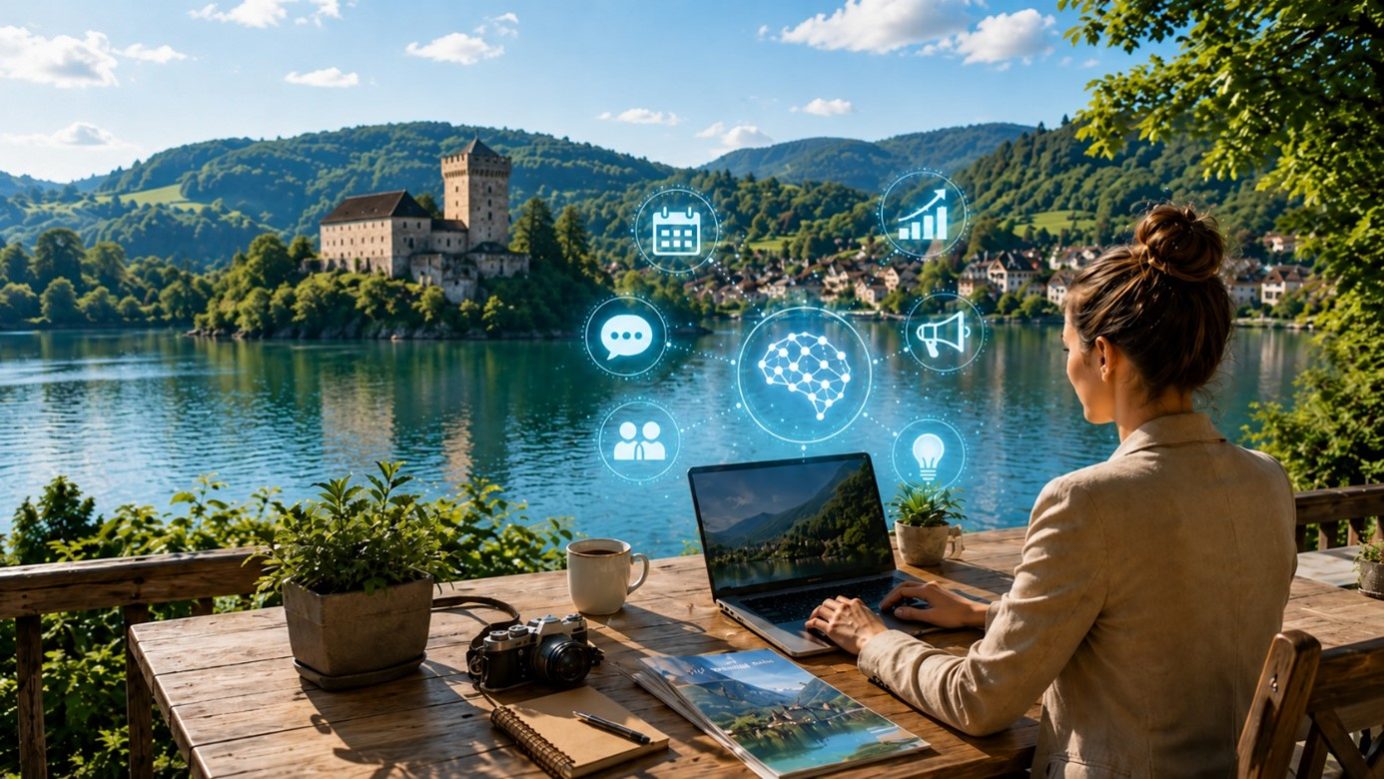 KI im Tourismus-Arbeitsalltag Eine Frau arbeitet an einem Laptop auf einer Terrasse am See, während im Hintergrund eine schlichte Burg vor bewaldeten Mittelgebirgshängen zu sehen ist; digitale Symbole visualisieren den Einsatz von KI im Tourismus.