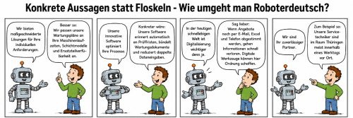 Breite Comic‑Illustration mit der Überschrift „Konkrete Aussagen statt Floskeln – Wie umgeht man Roboterdeutsch?“. In mehreren nebeneinanderstehenden Panels stehen sich jeweils ein stilisierter Roboter und eine Person gegenüber. In Sprechblasen werden allgemeine, floskelhafte Aussagen wie „Wir bieten maßgeschneiderte Lösungen“ konkreten, verständlichen Formulierungen gegenübergestellt, zum Beispiel mit erklärenden Beispielen zu Software, Digitalisierung, Service oder Reaktionszeiten. Die Darstellung zeigt den Kontrast zwischen vagen Marketingaussagen und präzisen, nutzerorientierten Aussagen.