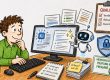 Illustration eines Arbeitsplatzes: Eine Person sitzt am Computer und arbeitet mit KI-Unterstützung. Auf dem Bildschirm werden Texte erzeugt, während ein kleiner Roboter auf Inhalte zeigt. Um den Arbeitsplatz herum stehen Hinweise wie „Qualität: Verständlich, relevant, korrekt“, „Datenschutz“ sowie „Menschliche Prüfung & Freigabe“. Auf dem Tisch liegen Notizen zu Zielgruppe, Ton & Stil, Faktencheck und Datenschutz.