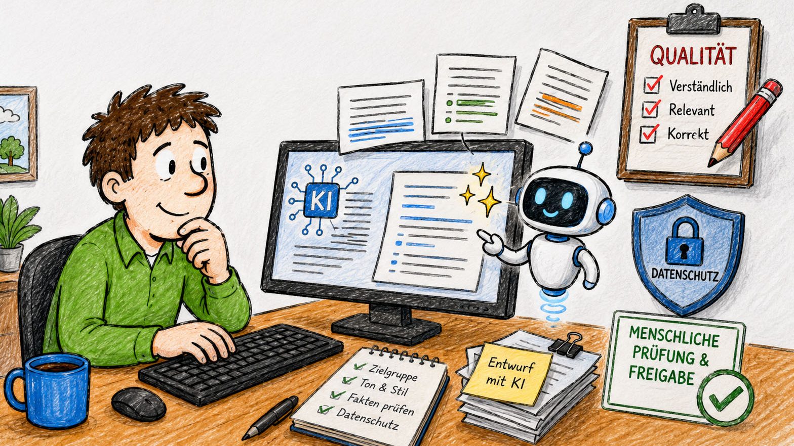 KI-Unterstützung im Büro Illustration eines Arbeitsplatzes: Eine Person sitzt am Computer und arbeitet mit KI-Unterstützung. Auf dem Bildschirm werden Texte erzeugt, während ein kleiner Roboter auf Inhalte zeigt. Um den Arbeitsplatz herum stehen Hinweise wie „Qualität: Verständlich, relevant, korrekt“, „Datenschutz“ sowie „Menschliche Prüfung & Freigabe“. Auf dem Tisch liegen Notizen zu Zielgruppe, Ton & Stil, Faktencheck und Datenschutz.