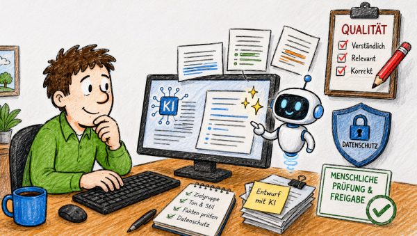 KI-Unterstützung im Büro Illustration eines Arbeitsplatzes: Eine Person sitzt am Computer und arbeitet mit KI-Unterstützung. Auf dem Bildschirm werden Texte erzeugt, während ein kleiner Roboter auf Inhalte zeigt. Um den Arbeitsplatz herum stehen Hinweise wie „Qualität: Verständlich, relevant, korrekt“, „Datenschutz“ sowie „Menschliche Prüfung & Freigabe“. Auf dem Tisch liegen Notizen zu Zielgruppe, Ton & Stil, Faktencheck und Datenschutz.