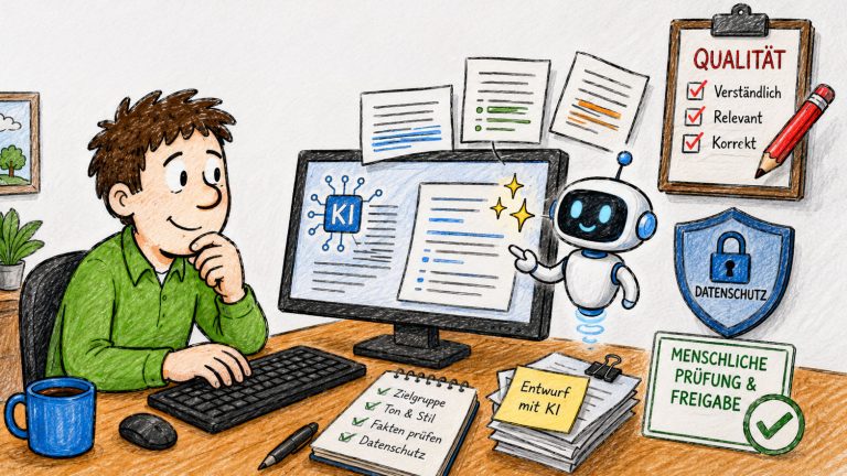 Illustration eines Arbeitsplatzes: Eine Person sitzt am Computer und arbeitet mit KI-Unterstützung. Auf dem Bildschirm werden Texte erzeugt, während ein kleiner Roboter auf Inhalte zeigt. Um den Arbeitsplatz herum stehen Hinweise wie „Qualität: Verständlich, relevant, korrekt“, „Datenschutz“ sowie „Menschliche Prüfung & Freigabe“. Auf dem Tisch liegen Notizen zu Zielgruppe, Ton & Stil, Faktencheck und Datenschutz.